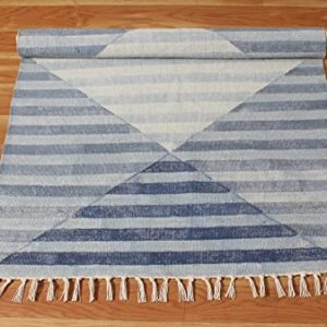 Casavani Hand Block Printed Cotton Dhurrie Striped Blue Tassel Rug Easy Care Washable Rugs for Doormat Entryway Living Room Bedroom Hallway Balcony 2x3 Feet