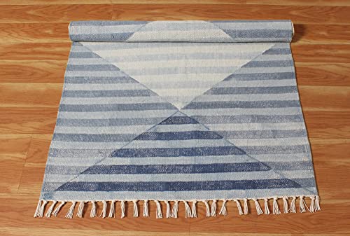 Casavani Hand Block Printed Cotton Dhurrie Striped Blue Tassel Rug Easy Care Washable Rugs for Doormat Entryway Living Room Bedroom Hallway Balcony 2x3 Feet