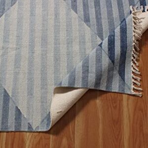 Casavani Hand Block Printed Cotton Dhurrie Striped Blue Tassel Rug Easy Care Washable Rugs for Doormat Entryway Living Room Bedroom Hallway Balcony 2x3 Feet