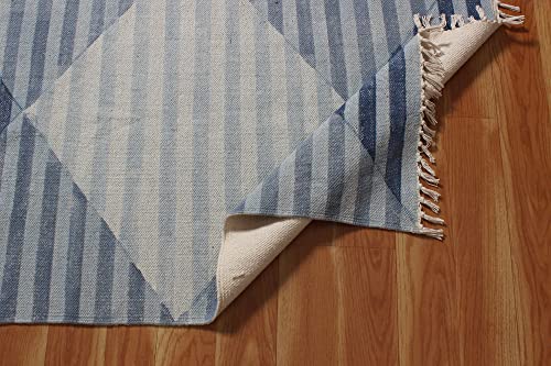 Casavani Hand Block Printed Cotton Dhurrie Striped Blue Tassel Rug Easy Care Washable Rugs for Doormat Entryway Living Room Bedroom Hallway Balcony 2x3 Feet