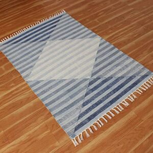 Casavani Hand Block Printed Cotton Dhurrie Striped Blue Tassel Rug Easy Care Washable Rugs for Doormat Entryway Living Room Bedroom Hallway Balcony 2x3 Feet