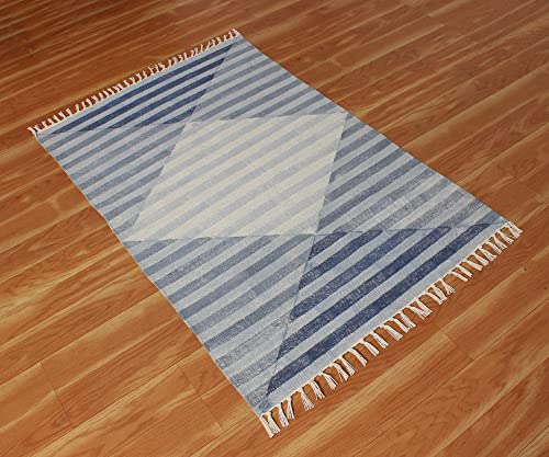 Casavani Hand Block Printed Cotton Dhurrie Striped Blue Tassel Rug Easy Care Washable Rugs for Doormat Entryway Living Room Bedroom Hallway Balcony 2x3 Feet