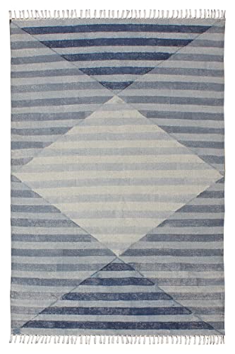 Casavani Hand Block Printed Cotton Dhurrie Striped Blue Tassel Rug Easy Care Washable Rugs for Doormat Entryway Living Room Bedroom Hallway Balcony 2x3 Feet