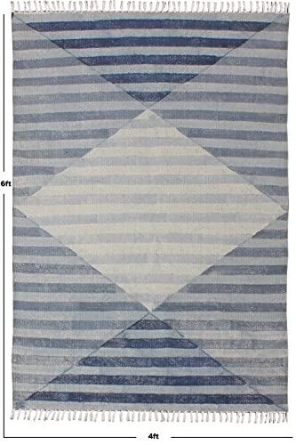 Casavani Hand Block Printed Cotton Dhurrie Striped Blue Tassel Rug Easy Care Washable Rugs for Doormat Entryway Living Room Bedroom Hallway Balcony 2x3 Feet