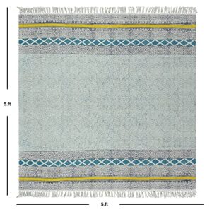 Casavani Hand Block Printed Cotton Dhurrie Geometric Blue & Black Area Rug Doormat Floor Rug Indoor Area Rugs for Bedroom Living Room Laundry Room 6x12 Feet Runner