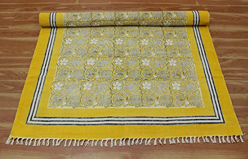 Casavani Indian Handmade Cotton Dhurrie Oriental Yellow & Beige Area Rug Boho Kilim Flat Weave Rug Indoor Hall Room Decor Carpet Throw Rugs for Bedroom Living Room Bathroom Balcony 4x10 Feet Runner