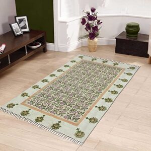 casavani hand block printed cotton dhurrie floral green & pink tassel rug easy care washable rugs for doormat entryway living room bedroom hallway balcony 9x9 feet square