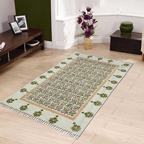 Casavani Hand Block Printed Cotton Dhurrie Floral Green & Pink Tassel Rug Easy Care Washable Rugs for Doormat Entryway Living Room Bedroom Hallway Balcony 9x9 Feet Square