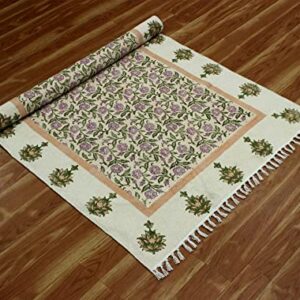 Casavani Hand Block Printed Cotton Dhurrie Floral Green & Pink Tassel Rug Easy Care Washable Rugs for Doormat Entryway Living Room Bedroom Hallway Balcony 9x9 Feet Square