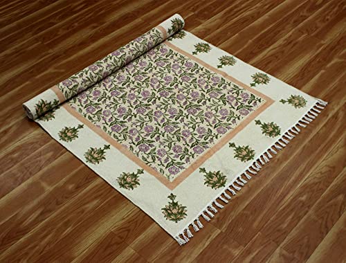 Casavani Hand Block Printed Cotton Dhurrie Floral Green & Pink Tassel Rug Easy Care Washable Rugs for Doormat Entryway Living Room Bedroom Hallway Balcony 9x9 Feet Square