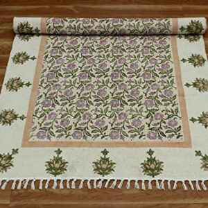 Casavani Hand Block Printed Cotton Dhurrie Floral Green & Pink Tassel Rug Easy Care Washable Rugs for Doormat Entryway Living Room Bedroom Hallway Balcony 9x9 Feet Square