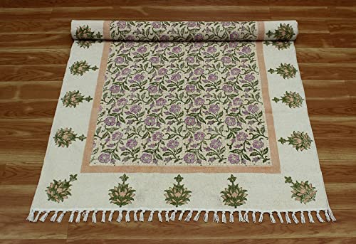 Casavani Hand Block Printed Cotton Dhurrie Floral Green & Pink Tassel Rug Easy Care Washable Rugs for Doormat Entryway Living Room Bedroom Hallway Balcony 9x9 Feet Square