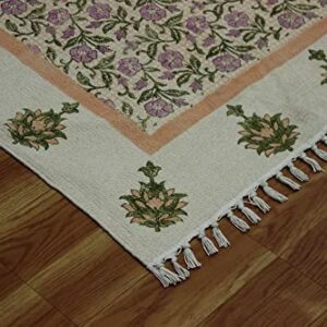 Casavani Hand Block Printed Cotton Dhurrie Floral Green & Pink Tassel Rug Easy Care Washable Rugs for Doormat Entryway Living Room Bedroom Hallway Balcony 9x9 Feet Square