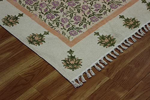 Casavani Hand Block Printed Cotton Dhurrie Floral Green & Pink Tassel Rug Easy Care Washable Rugs for Doormat Entryway Living Room Bedroom Hallway Balcony 9x9 Feet Square