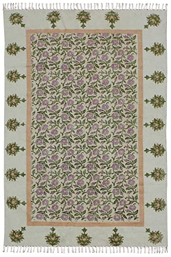 Casavani Hand Block Printed Cotton Dhurrie Floral Green & Pink Tassel Rug Easy Care Washable Rugs for Doormat Entryway Living Room Bedroom Hallway Balcony 9x9 Feet Square