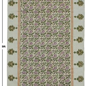 Casavani Hand Block Printed Cotton Dhurrie Floral Green & Pink Tassel Rug Easy Care Washable Rugs for Doormat Entryway Living Room Bedroom Hallway Balcony 9x9 Feet Square