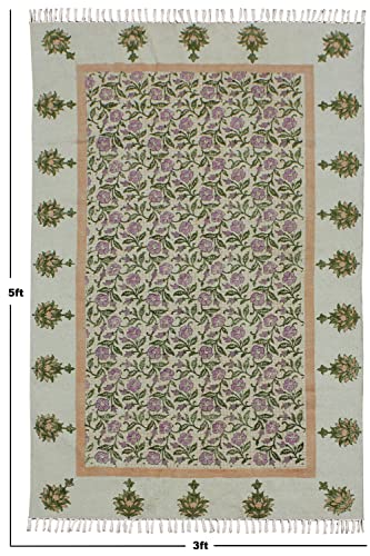 Casavani Hand Block Printed Cotton Dhurrie Floral Green & Pink Tassel Rug Easy Care Washable Rugs for Doormat Entryway Living Room Bedroom Hallway Balcony 9x9 Feet Square