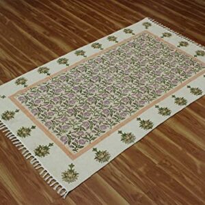 Casavani Hand Block Printed Cotton Dhurrie Floral Green & Pink Tassel Rug Easy Care Washable Rugs for Doormat Entryway Living Room Bedroom Hallway Balcony 9x9 Feet Square