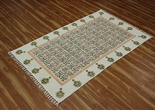 Casavani Hand Block Printed Cotton Dhurrie Floral Green & Pink Tassel Rug Easy Care Washable Rugs for Doormat Entryway Living Room Bedroom Hallway Balcony 9x9 Feet Square