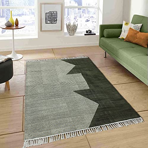 Casavani Hand Made Cotton Dhurrie Geometric Green & Beige Tassel Rug Easy Care Washable Rugs for Doormat Entryway Living Room Bedroom Hallway Balcony 6x12 Feet Runner