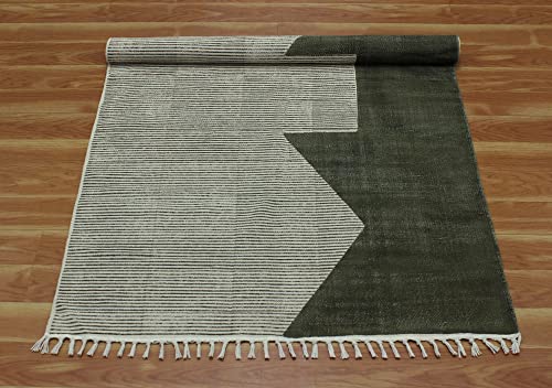 Casavani Hand Made Cotton Dhurrie Geometric Green & Beige Tassel Rug Easy Care Washable Rugs for Doormat Entryway Living Room Bedroom Hallway Balcony 6x12 Feet Runner