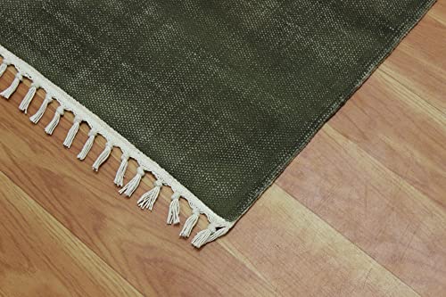 Casavani Hand Made Cotton Dhurrie Geometric Green & Beige Tassel Rug Easy Care Washable Rugs for Doormat Entryway Living Room Bedroom Hallway Balcony 6x12 Feet Runner