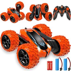 remote control car, 2.4ghz electric race stunt car, double sided 360° rolling rotating rotation, led headlights rc 4wd high speed off road gift for 3 4 5 6 7 8-12 year old boy toys (orange)