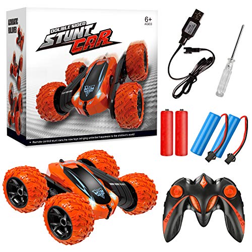 Remote Control Car, 2.4GHz Electric Race Stunt Car, Double Sided 360° Rolling Rotating Rotation, LED Headlights RC 4WD High Speed Off Road Gift for 3 4 5 6 7 8-12 Year Old Boy Toys (Orange)