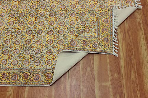 Casavani Hand Block Printed Cotton Dhurrie Floral Tassel Rug Boho Area Rug Easy Care Washable Rugs for Doormat Entryway Living Room Bedroom Hallway Balcony 12x12 Feet Square