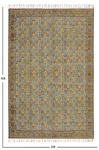 Casavani Hand Block Printed Cotton Dhurrie Floral Tassel Rug Boho Area Rug Easy Care Washable Rugs for Doormat Entryway Living Room Bedroom Hallway Balcony 12x12 Feet Square