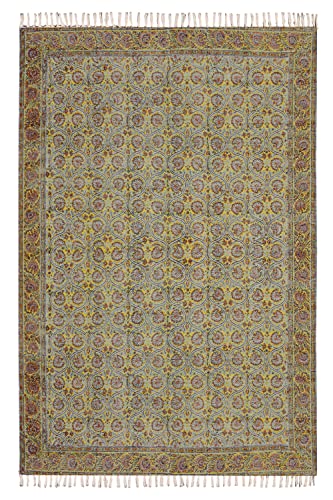 Casavani Hand Block Printed Cotton Dhurrie Floral Tassel Rug Boho Area Rug Easy Care Washable Rugs for Doormat Entryway Living Room Bedroom Hallway Balcony 12x12 Feet Square