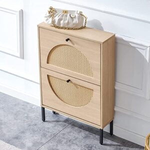 shoe storage cabinet, wekity rattan shoe cabinet with 2 flip drawers, shoe storage organizer for heels slippers boots, wood narrow free standing shoe cabinet for entryway hallway 6x23x31 inch (nature)