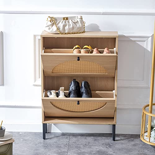 Shoe Storage Cabinet, Wekity Rattan Shoe Cabinet with 2 Flip Drawers, Shoe Storage Organizer for Heels Slippers Boots, Wood Narrow Free Standing Shoe Cabinet for Entryway Hallway 6X23X31 Inch (Nature)