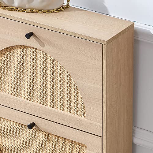 Shoe Storage Cabinet, Wekity Rattan Shoe Cabinet with 2 Flip Drawers, Shoe Storage Organizer for Heels Slippers Boots, Wood Narrow Free Standing Shoe Cabinet for Entryway Hallway 6X23X31 Inch (Nature)