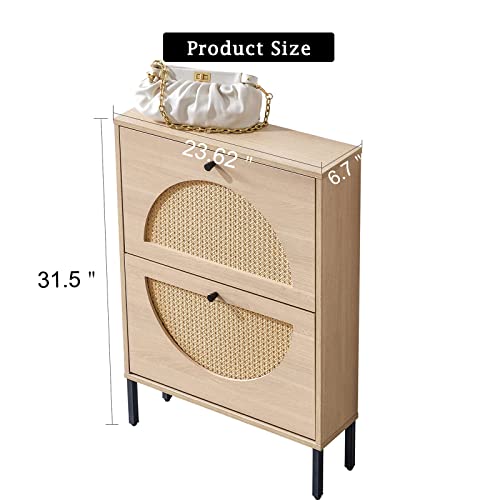 Shoe Storage Cabinet, Wekity Rattan Shoe Cabinet with 2 Flip Drawers, Shoe Storage Organizer for Heels Slippers Boots, Wood Narrow Free Standing Shoe Cabinet for Entryway Hallway 6X23X31 Inch (Nature)