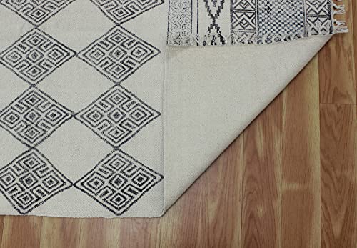 Casavani Hand Block Printed Rug Moroccan Beige & Black Tassel Rug Boho Area Rug Easy Care Washable Rugs for Doormat Entryway Living Room Bedroom Hallway Balcony 5x5 Feet Square