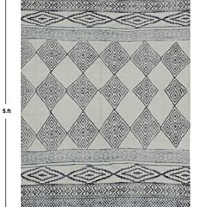 Casavani Hand Block Printed Rug Moroccan Beige & Black Tassel Rug Boho Area Rug Easy Care Washable Rugs for Doormat Entryway Living Room Bedroom Hallway Balcony 5x5 Feet Square