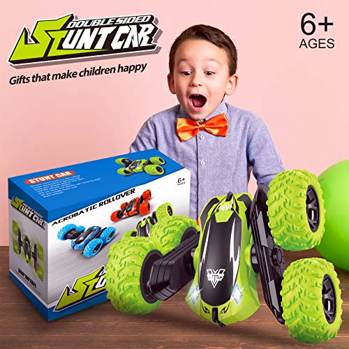 KKONES Remote Control Car, 2.4GHz Electric Race Stunt Car, Double Sided 360° Rolling Rotating Rotation, LED Headlights RC 4WD High Speed Off Road Gift for 3 4 5 6 7 8-12 Year Old Boy Toys (Green)