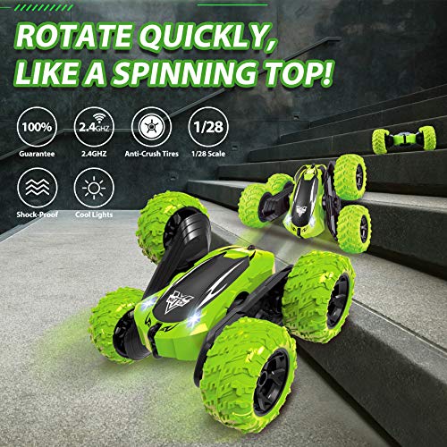 KKONES Remote Control Car, 2.4GHz Electric Race Stunt Car, Double Sided 360° Rolling Rotating Rotation, LED Headlights RC 4WD High Speed Off Road Gift for 3 4 5 6 7 8-12 Year Old Boy Toys (Green)