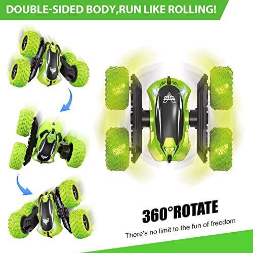 KKONES Remote Control Car, 2.4GHz Electric Race Stunt Car, Double Sided 360° Rolling Rotating Rotation, LED Headlights RC 4WD High Speed Off Road Gift for 3 4 5 6 7 8-12 Year Old Boy Toys (Green)