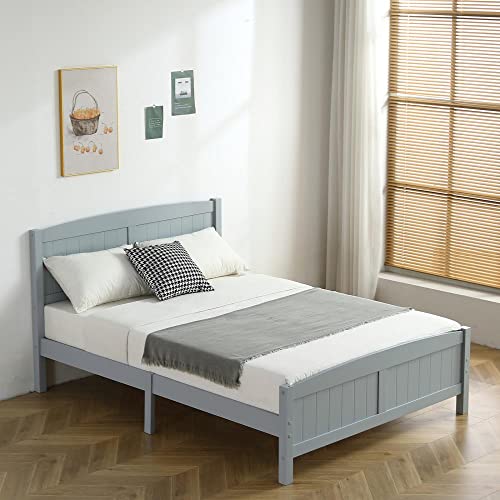 Modern Grey Wooden Bed Frame with Curved Headboard and Vertical Stripe Design - Full Pine Single-Layer Core Full-Board Bed Frame for a Sleek Look