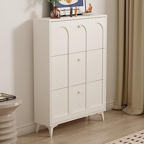 NEW BARLEY Modern Shoe Cabinet with 3 Flip Drawers,Adjustable Slim Freestanding Narrow Shoe Rack Tipping Bucket Shoe Cabinet with Door Open Shelves for Entryway