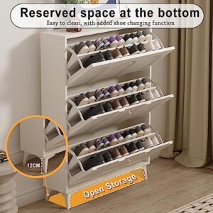 NEW BARLEY Modern Shoe Cabinet with 3 Flip Drawers,Adjustable Slim Freestanding Narrow Shoe Rack Tipping Bucket Shoe Cabinet with Door Open Shelves for Entryway