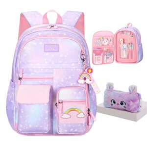 zdyihmt cute rainbow backpack kawaii pink backpack with storage bag large capacity laptop backpack 16.5 inch for girls(purple)