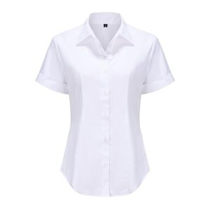 mkolour womens white short sleeve button down shirts - work blouses for office, casual collared work shirts for women