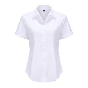 MKolour Womens White Short Sleeve Button Down Shirts - Work Blouses for Office, Casual Collared Work Shirts for Women