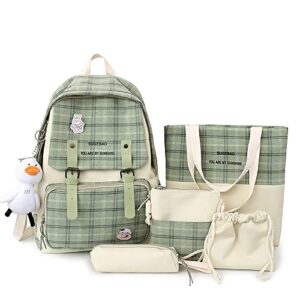 DAHUOJI 5Pcs Kawaii Backpack Set with Badge & Duck Pendant,Japanese Aesthetic Check Bookbag for Girls Cute Plaid School Bags Comes with Tote Bag,Shoulder Bag,Pencil Box,Small Bag(Green,16in)