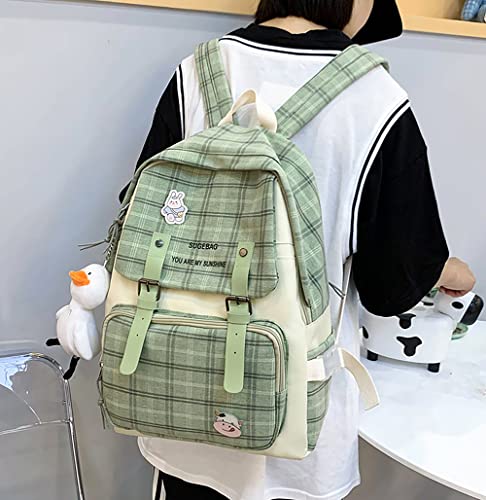 DAHUOJI 5Pcs Kawaii Backpack Set with Badge & Duck Pendant,Japanese Aesthetic Check Bookbag for Girls Cute Plaid School Bags Comes with Tote Bag,Shoulder Bag,Pencil Box,Small Bag(Green,16in)