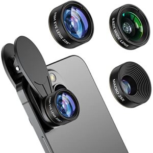 phone camera lens 3 in 1 kit, cosulan phone lens kit - 235° fisheye lens + 25x macro lens + 0.62x wide angle lens, clip on cell phone lens camera compatible with iphone samsung android smartphones