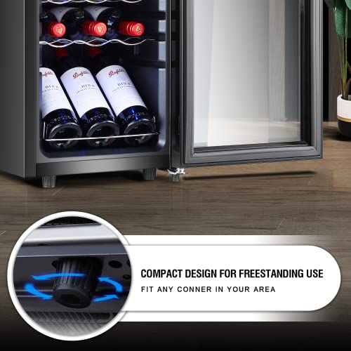 Phiestina Wine Cooler Wine and Beverage Refrigerator 18 Bottles or 15 Bottles 9 cans Beer Fridge Freestanding,with Removable Shelves Interior Lighting Digital Touch Control for Home/Bar/Office